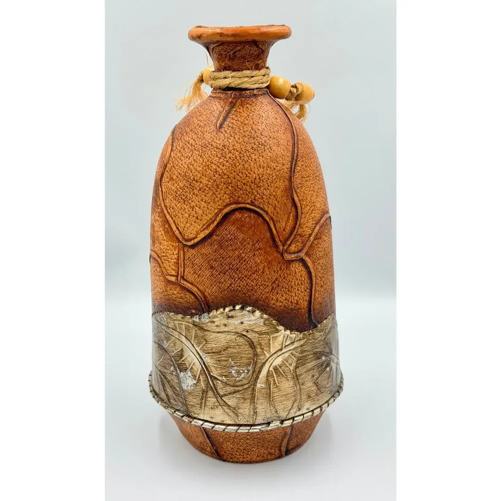 Folk-art Mexican Hand-tooled Leather and Tin Wrapped Bud Vase Southwestern Decor
